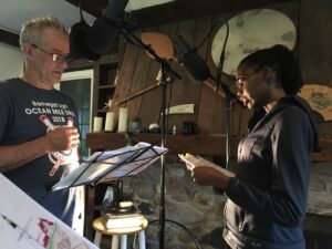 l>J. Ganser & Canara Price, Voice Actors, in the making of the audiobook, "The Adventures of Ossie Osprey"